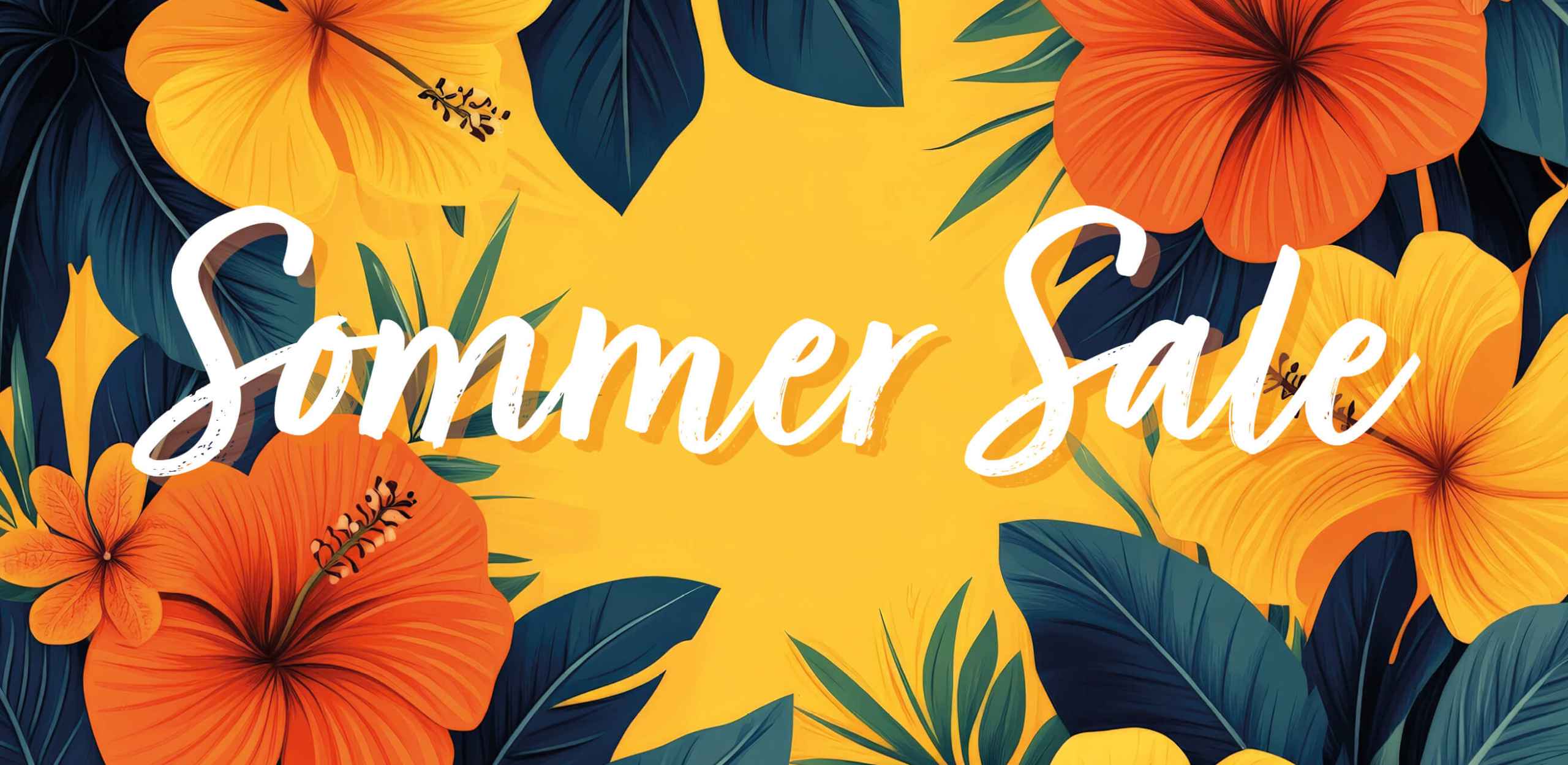 Gelbe und orange Hibiskusblüten umrahmen den Schriftzug "Sommer Sale" in weißer Schrift auf gelbem Hintergrund, mit grünen Blättern als dekoratives Element.